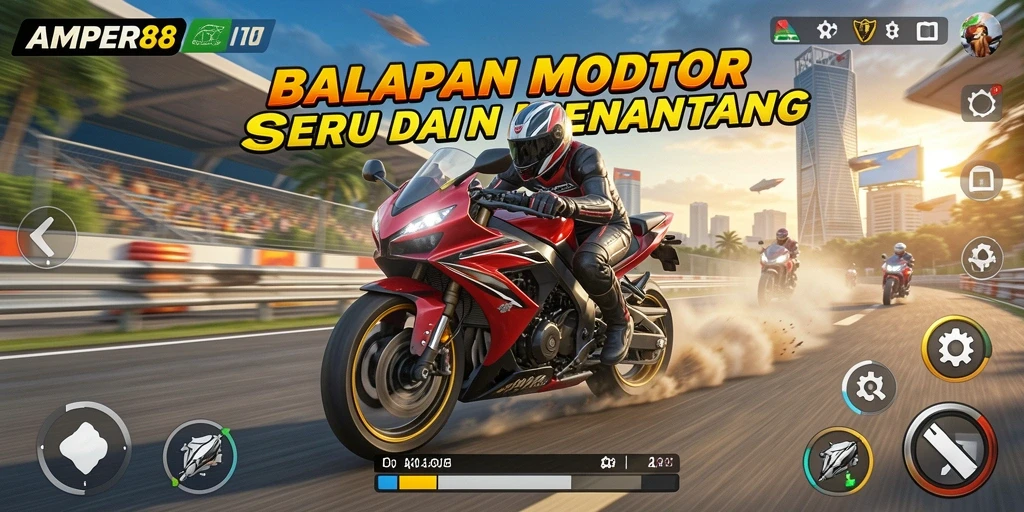 Tangkapan layar gameplay AMPER88 dengan balapan motor yang mendebarkan.