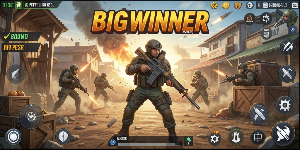 Tangkapan layar gameplay BIGWINNER yang menunjukkan pertempuran seru dalam Battle Royale.