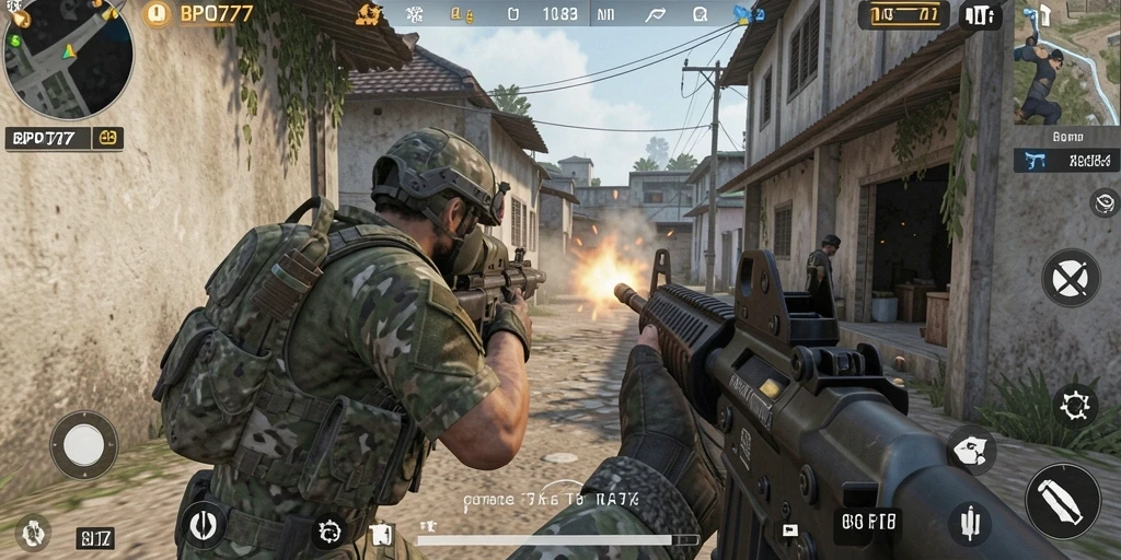 Screenshot gameplay BPO777 menunjukkan aksi menembak yang mendebarkan.