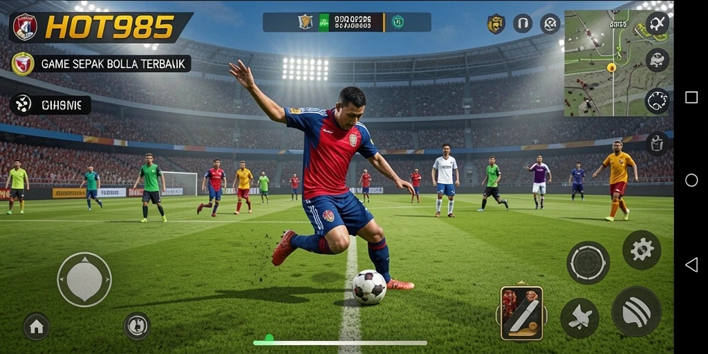Tampilan gameplay seru di lapangan sepak bola HOT985.