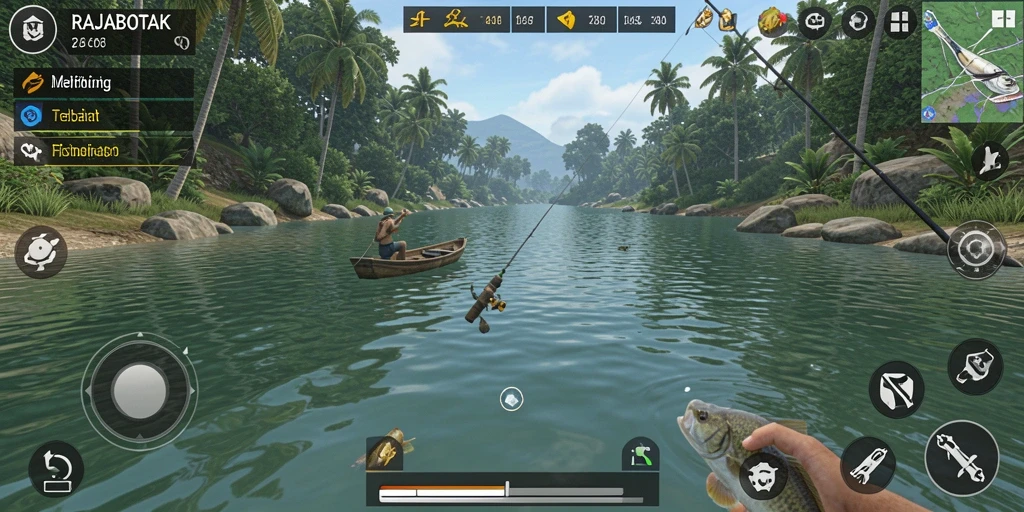 Tampilan gameplay RAJABOTAK dengan suasana memancing yang menarik.