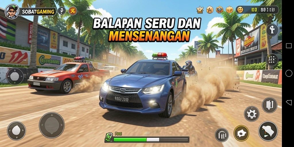 Screenshot gameplay SOBATGAMING yang menunjukkan aksi balap seru.