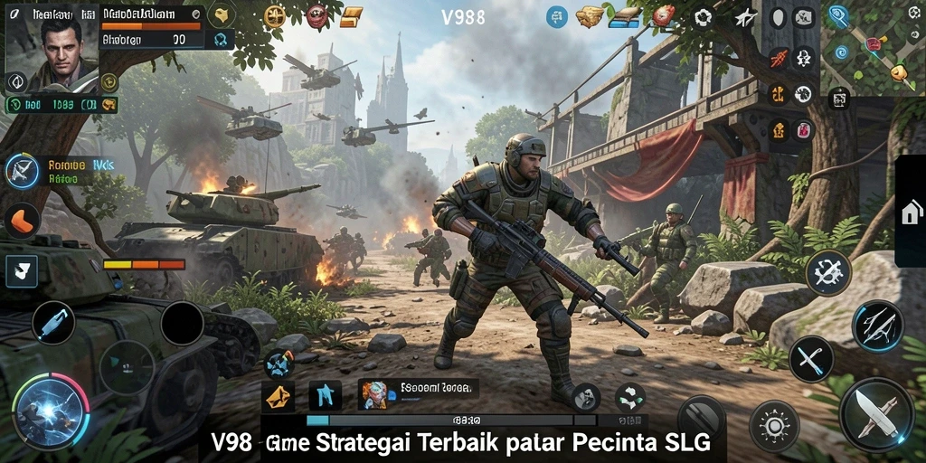 Tampilan gameplay V98 dengan berbagai unit dan strategi SLG.